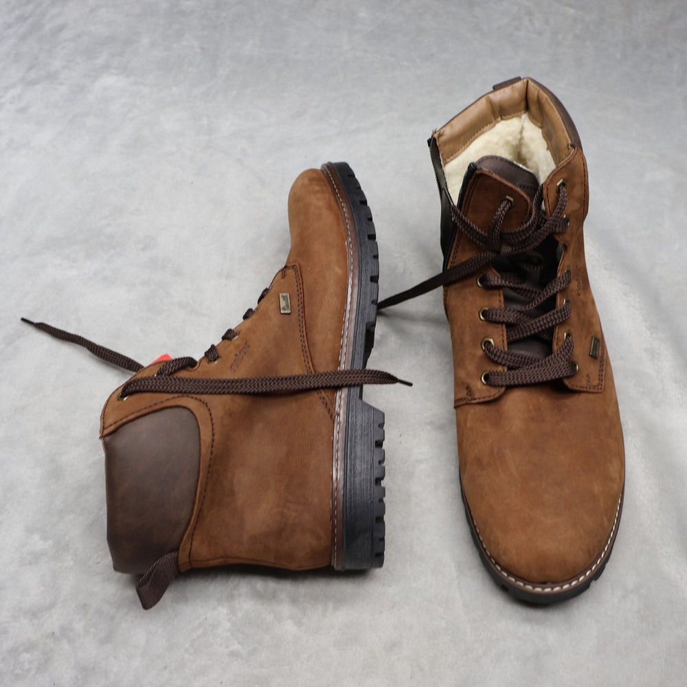 Rieker Mens 10.5 EU44 Boots Brown Leather Faux Fur Lined Side Zip Rugged NEW‎